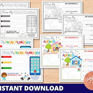 Può includere: Fogli di lavoro stampabili per bambini per esercitarsi a scrivere il loro numero di telefono e indirizzo. I fogli di lavoro presentano illustrazioni colorate di case, telefoni e buste. Il testo "Conosco il mio numero di telefono!" e "Conosco il mio indirizzo!" è incluso nei fogli di lavoro.