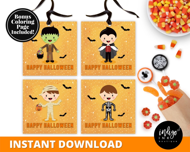 Halloween Treat Tags INSTANT DOWNLOAD Halloween Favor Tags for Boys Trick or Treat Kids Halloween Party Thank You Tags image 1