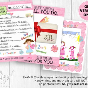 May include: Printable pink and white teacher appreciation card with a handwritten message, a gift card, and a drawing of a girl with a heart and the words "I love school!"