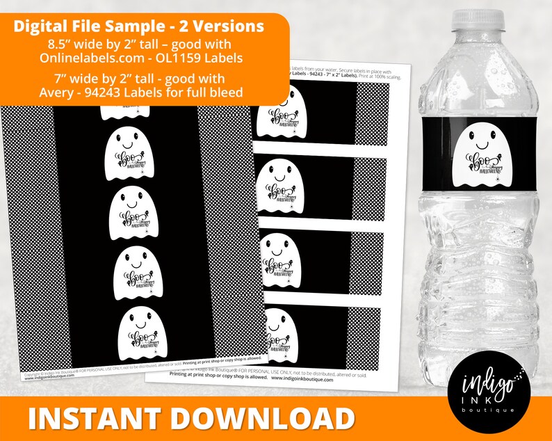 Halloween Water Bottle Labels INSTANT DOWNLOAD Kids Halloween Party Water Bottle Wrapper Ghost Stickers Trunk or Treat Boo Labels image 2