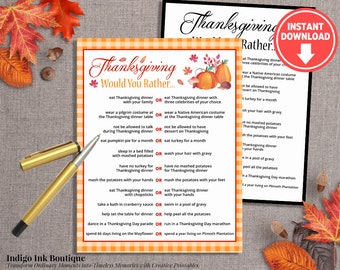 Would You Rather Thanksgiving Game | Last Minute Thanksgiving Party Printable Game | Printable Party Game INSTANT DOWNLOAD