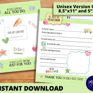 Teacher Appreciation Printable Thank You Card INSTANT DOWNLOAD | All About My Teacher Thank You | Teacher Appreciation Week Gift for Teacher