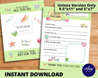 Teacher Appreciation Printable: All About My Teacher Fill-In Card (Digital Download)