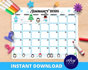 January 2026 Calendar INSTANT DOWNLOAD | Monthly Planner Digital Calendar | Kid Monthly Calendar Printable | Organization for Kids