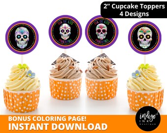 Day of the Dead Cupcake Toppers INSTANT DOWNLOAD | Dia De Los Muertos Party Favor Tags  | Sugar Skulls Toppers for Cupcakes