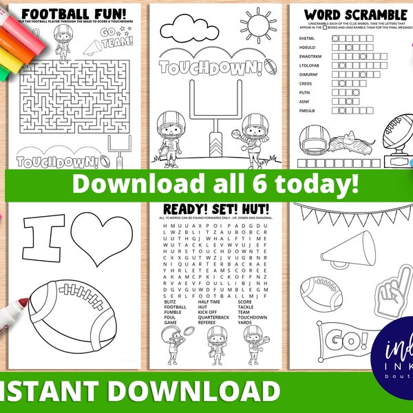 Football Activity and Coloring Pages INSTANT DOWNLOAD | Super Bowl Coloring Pages | Football Activity Pages Printables for Kids