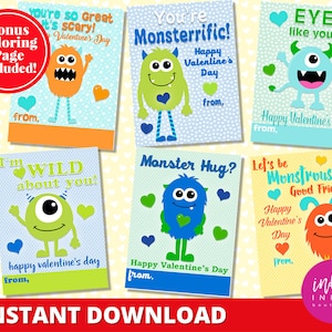 Kinder Valentinstag Monster INSTANT DOWNLOAD | Valentinstagskarte Kinder | Valentinstagskarten für Kinder | Valentinstag Karten
