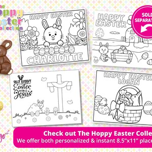 May include: Black and white printable coloring pages featuring Easter themes. The pages include a bunny holding eggs, a bunny pulling a wagon, a bunny in a basket, and a cross with a bunny. The text on the pages reads "Happy Easter", "Silly Rabbit Easter is for Jesus", and "Charlotte" and "Logan".