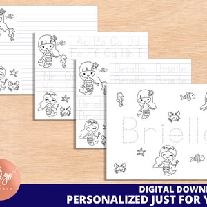 Kids Handwriting DIGITAL Worksheet Kids PERSONALIZED Handwriting Practice Homeschool Worksheet Alphabet Worksheet Mermaids