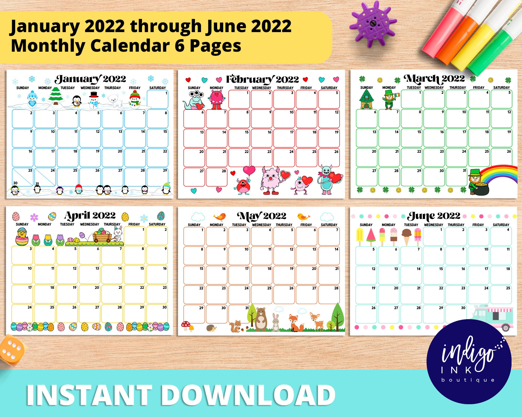 2022 monthly calendar printable instant download january etsy uk