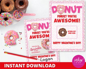 Valentines Day Donut Gift Card Holder INSTANT DOWNLOAD | Valentines Favor Tags Doughnut Gift | Printable Valentine Thank You Gift