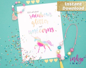 A vida é feita de arco-íris, glitter e unicórnios. DOWNLOAD INSTANTÂNEO | Estampa de unicórnio | Estampa de arco-íris | Presentes para adolescentes | Lembrancinhas de unicórnio