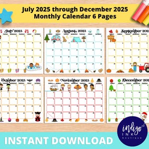 2025 Monthly Calendar Printable INSTANT DOWNLOAD | July 2025 Through December 2025 PDF Calendar | 2025 Calendar Kids Printable