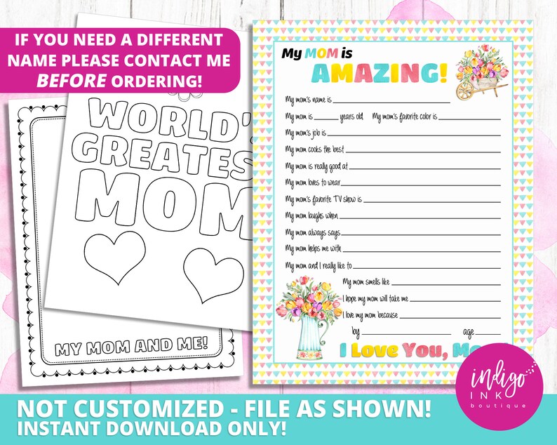 All About My Mom Kid Questionnaire INSTANT DOWNLOAD Mothers Day from Kid Kids Mothers Day Mom Gift Gift for Mom Happy Mother's Day image 1