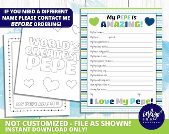 Könnte beinhalten: Ausdruckbare Malvorlage mit dem Text "World's Greatest Pepe" und eine ausdruckbare Seite zum Ausfüllen mit dem Text "My Pepe is Amazing!" auf einem gestreiften Hintergrund in Blau, Grün und Grau. Die Seite zum Ausfüllen enthält Aufforderungen zum Schreiben über eine Person namens Pepe.