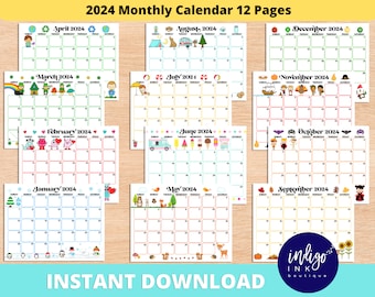 2024 Monthly Calendar Printable INSTANT DOWNLOAD | 2024 Calendar Kids Printable | Kids Monthly Calendar | Organization for Kid PDF Calendar