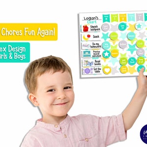 May include: A colorful chore chart with a boy holding it. The chart has a title that says "Logan's Chart" and lists chores like "Unpack backpack", "Snack", "Do my homework", "Practice musical instrument", "Read books", and "Set the table".