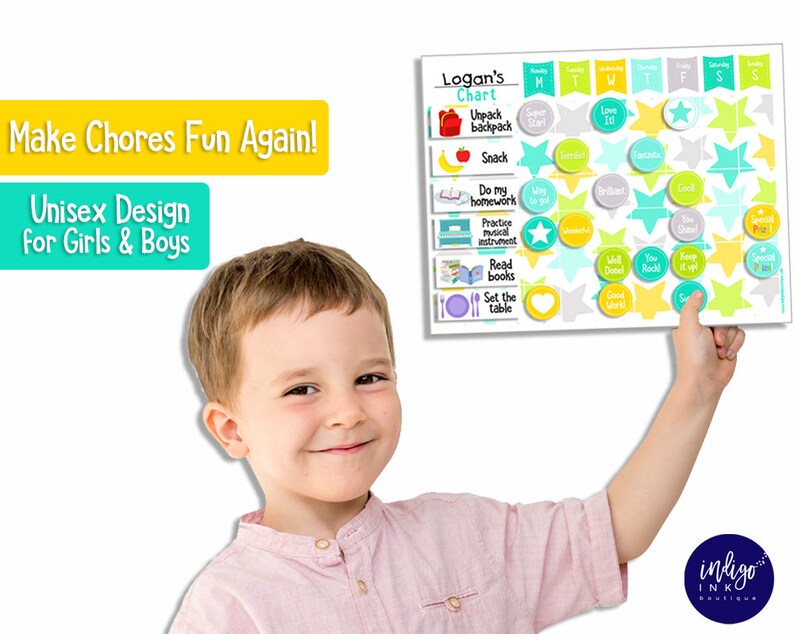 May include: A colorful chore chart with a boy holding it. The chart has a title that says "Logan's Chart" and lists chores like "Unpack backpack", "Snack", "Do my homework", "Practice musical instrument", "Read books", and "Set the table".