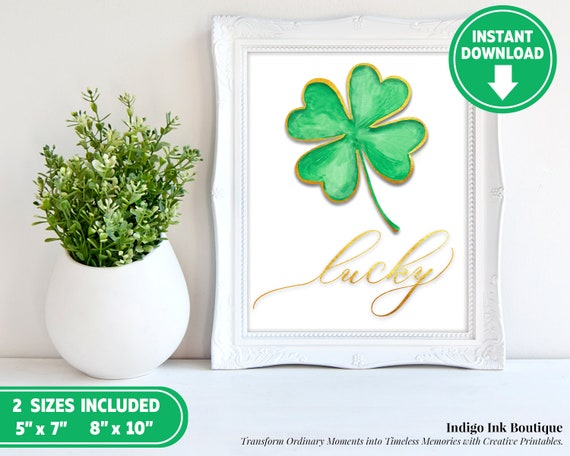 St Patricks Day Print | Lucky Wall Art | St Patty's Day Watercolor Shamrock Irish Décor | Four Leaf Clover Digital Sign INSTANT DOWNLOAD Il_570xn
