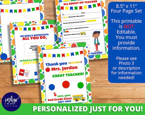 Gift for Teacher Printable PERSONALIZED DIGITAL DOWNLOAD | About My Teacher Thank You Fill in the Blank End of the Year Gift Il_570xn