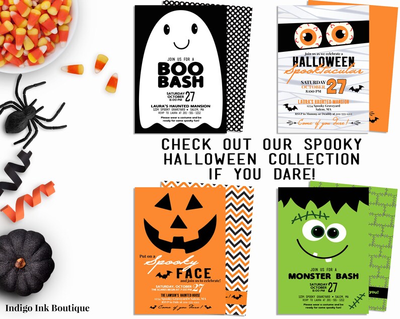 Pu&ograve; includere: Una collezione di inviti e decorazioni a tema Halloween. Gli inviti presentano un fantasma, una mummia, una zucca e il mostro di Frankenstein. Sono visibili anche caramelle a forma di pannocchia, un ragno nero e una zucca nera. Il testo recita "Boo Bash", "Halloween Spooktacular", "Spooky Face" e "Monster Bash".