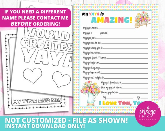 All About My Yaya Kid Questionnaire Mothers Day Gift INSTANT DOWNLOAD | Happy Mother's Day Gift for Yaya | Yaya Printable | Yaya Birthday Il_570xn