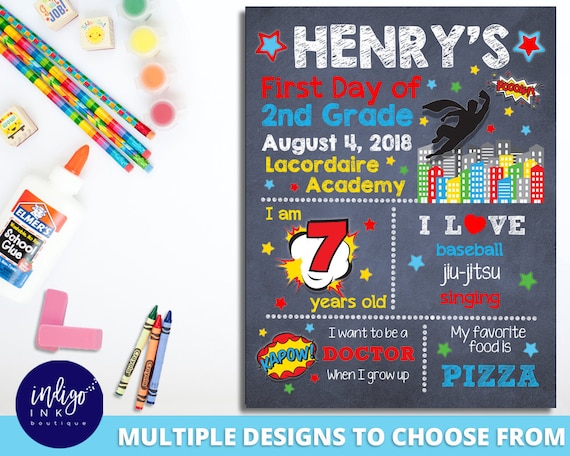 Superhero First Day of School Sign | 1st Day of School Printable Custom Chalkboard Sign | Superhero Sign Personalized Sign DIGITAL DOWNLOAD Il_570xn