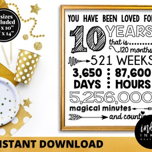 You Have Been Loved for 10 Years Sign INSTANT DOWNLOAD | 10th Birthday Sign | Kids Birthday Board | 10 Years Loved Black and White Sign