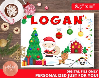 May include: Personalized 8.5 x 11 inch printable Christmas card featuring a cartoon Santa Claus, a reindeer, a penguin, a Christmas tree, and a house. The card is decorated with red and green ornaments, lights, and a banner with the name "LOGAN".