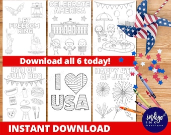 4th of July Coloring Pages INSTANT DOWNLOAD | Patriotic Coloring Sheets Printables for Kids | Homeschool Activity Coloring for Kids