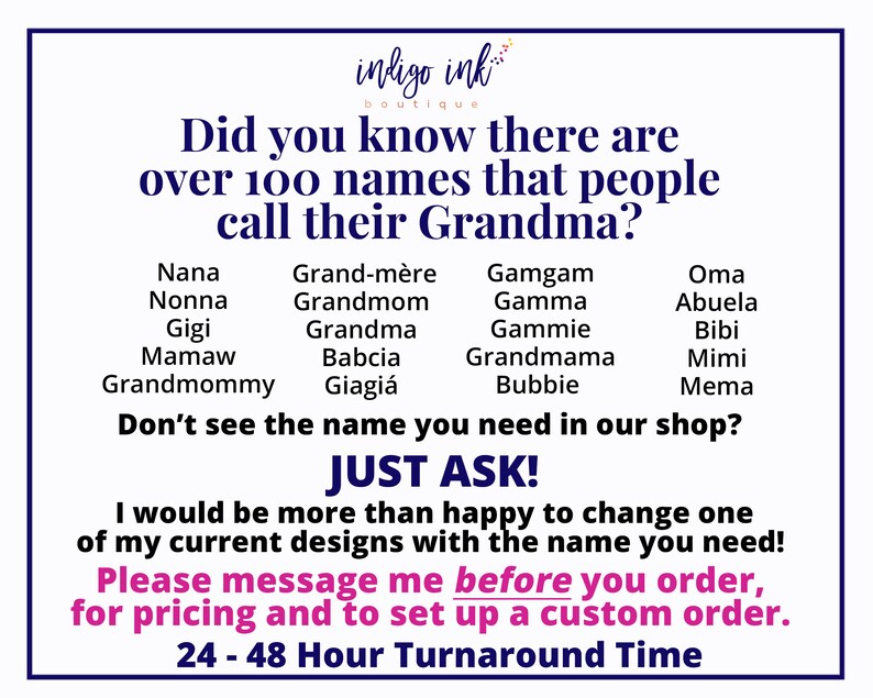 May include: White rectangular graphic with navy blue text. The text states, "Did you know there are over 100 names that people call their Grandma?" Lists various names for Grandma. The text "JUST ASK!" is also included, along with a message about custom designs.
