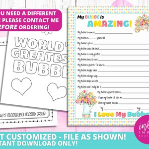 May include: A printable worksheet with a title that says "My Bubbe is Amazing!" and has a list of prompts for filling in the blanks about a grandparent. The worksheet is decorated with flowers and a wheelbarrow. The text "Not Customized - File as Shown! Instant Download Only!" is at the bottom of the page.