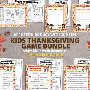 May include: A printable Thanksgiving game bundle for kids. The bundle includes a scavenger hunt, would you rather game, and a turkey trivia game. The games feature a fall theme with orange, brown, and yellow colors.