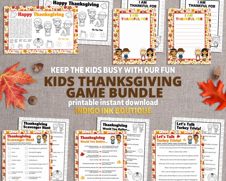 May include: A printable Thanksgiving game bundle for kids. The bundle includes a scavenger hunt, would you rather game, and a turkey trivia game. The games feature a fall theme with orange, brown, and yellow colors.