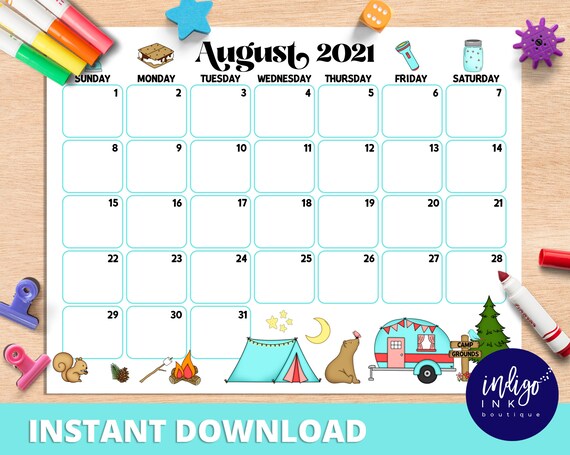 August Calendar INSTANT DOWNLOAD | Monthly Planner Digital Calendar ...
