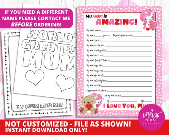 MUM Day Gift INSTANT DOWNLOAD All About My Mum Printable - Etsy Norway