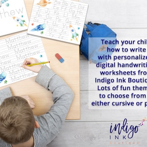 May include: A child is working on a handwriting worksheet with the name "Matthew" written on it. The worksheet has a space theme with planets and rockets. The text "Teach your child how to write with personalized digital handwriting worksheets from Indigo Ink Boutique. Lots of fun themes to choose from in either cursive or print." is visible in the image. The text "indigo ink boutique" is also visible in the image.