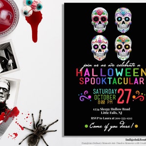 Sugar Skulls Halloween Invitation DIGITAL DOWNLOAD Day of the Dead Halloween Invite Dia De Los Muertos Skull Invitation Costume Party image 1