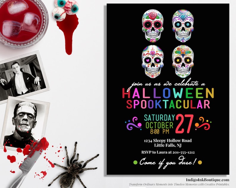 Sugar Skulls Halloween Invitation DIGITAL DOWNLOAD Day of the Dead Halloween Invite Dia De Los Muertos Skull Invitation Costume Party image 1