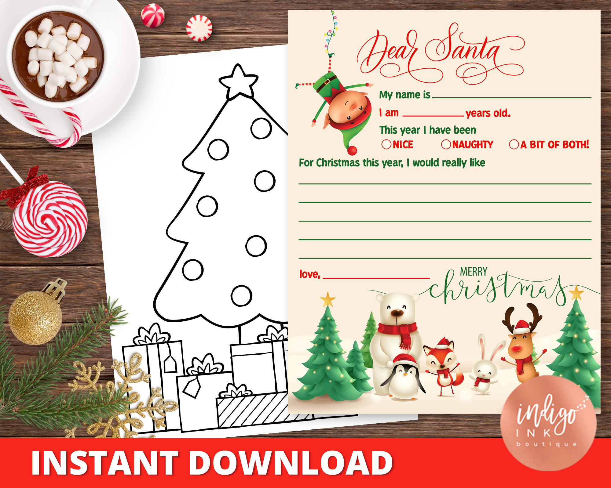 Letter to Santa INSTANT DOWNLOAD | Santa Wish List Letter | Kids