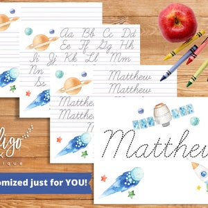 May include: Printable handwriting practice sheets featuring a space theme with planets, stars, and a rocket. The sheets include the alphabet, cursive writing lines, and the name "Matthew".