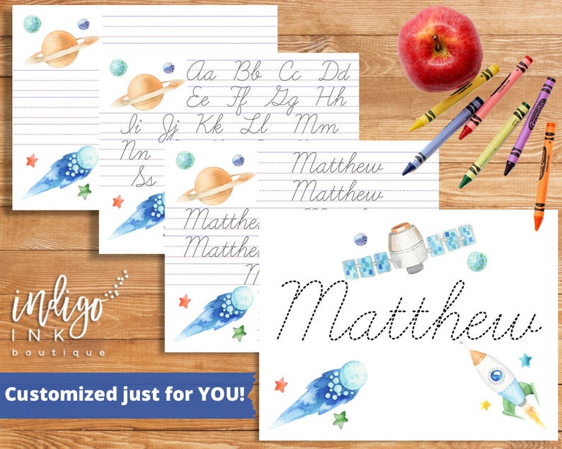 May include: Printable handwriting practice sheets featuring a space theme with planets, stars, and a rocket. The sheets include the alphabet, cursive writing lines, and the name "Matthew".