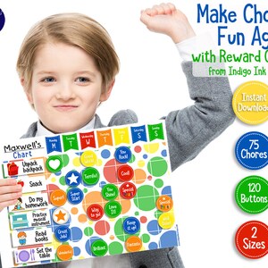 May include: A colorful printable chore chart with a boy holding it up. The chart has a space for each day of the week and includes a variety of chores and rewards. The text on the chart reads "Maxwell's Chart" and "75 Chores".