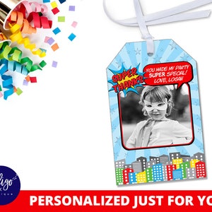 Superhero Favor Tags DIGITIAL DOWNLOAD  | Comic Book PERSONALIZED Tags | Comic Book Birthday Photo Tags | Superhero Birthday Party Favor Tag