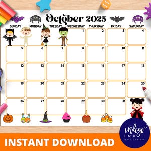 October Calendar INSTANT DOWNLOAD | Monthly Planner Digital Calendar | Kid Monthly Calendar Printable | Organization for Kids PDF Calendar