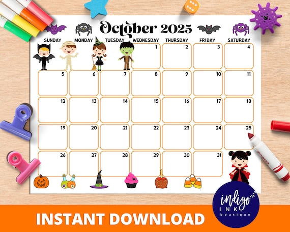 October Calendar INSTANT DOWNLOAD | Monthly Planner Digital Calendar | Kid Monthly Calendar Printable | Organization for Kids PDF Calendar