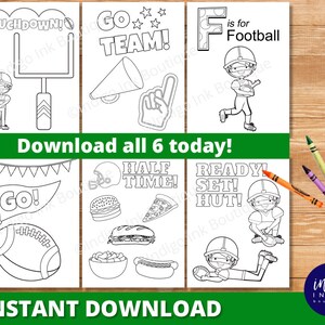 Pode incluir: Páginas para colorir imprimíveis em preto e branco com tema de futebol. Inclui imagens de um jogador de futebol, futebol, postes de baliza e alimentos. O texto inclui "TOUCHDOWN!", "GO TEAM!", "F is for Football" e "READY! SET! HUT!"