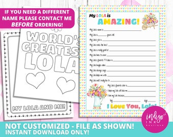 All About My Lola Kid Questionnaire Mothers Day Gift INSTANT DOWNLOAD | Happy Mother's Day Gift for Lola | Lola Printable | Lola Birthday