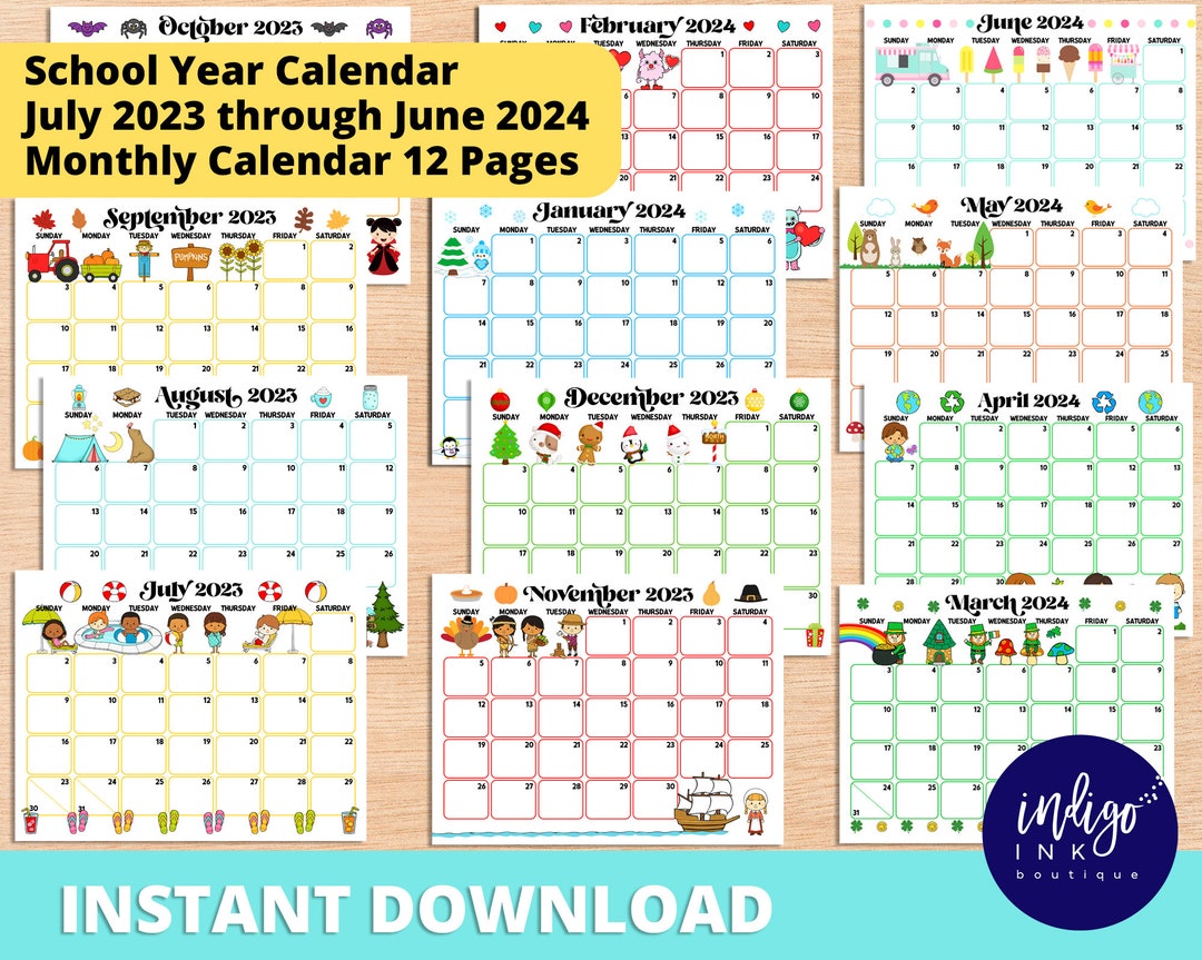 School Calendar July 2023 Thru June 2024 Calendar Monthly Calendar  Printable INSTANT DOWNLOAD Printable Calendar Organization for Kids - Etsy