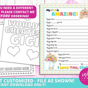Alles over mijn Gigi Kid Vragenlijst Moederdag Cadeau INSTANT DOWNLOAD | Gelukkig Moederdagcadeau voor Gigi | Gigi afdrukbaar | Gigi-verjaardag